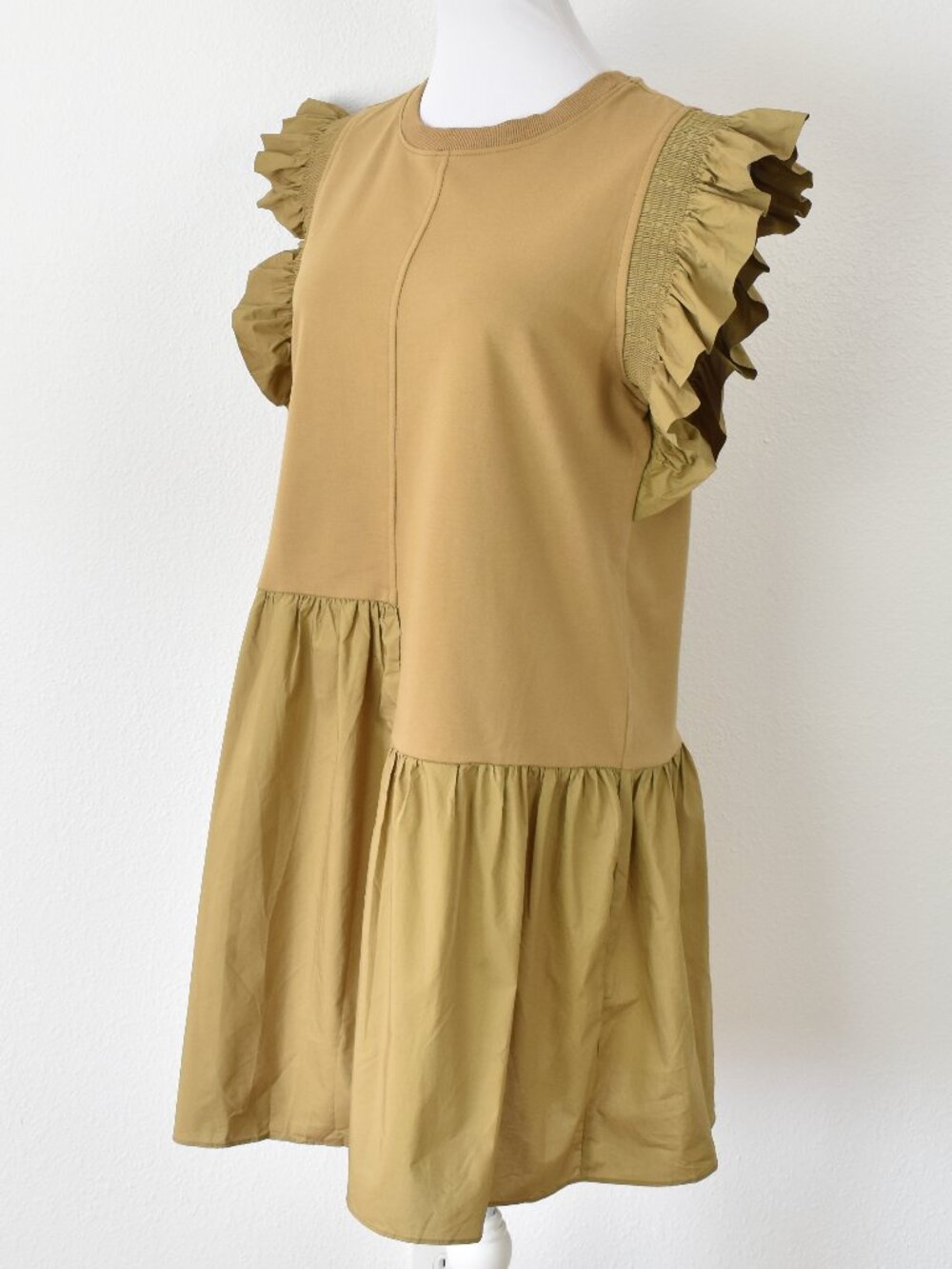 English Factory Mixed Media Ruffle Sleeve Dress Tan - M - Picture 8 of 9